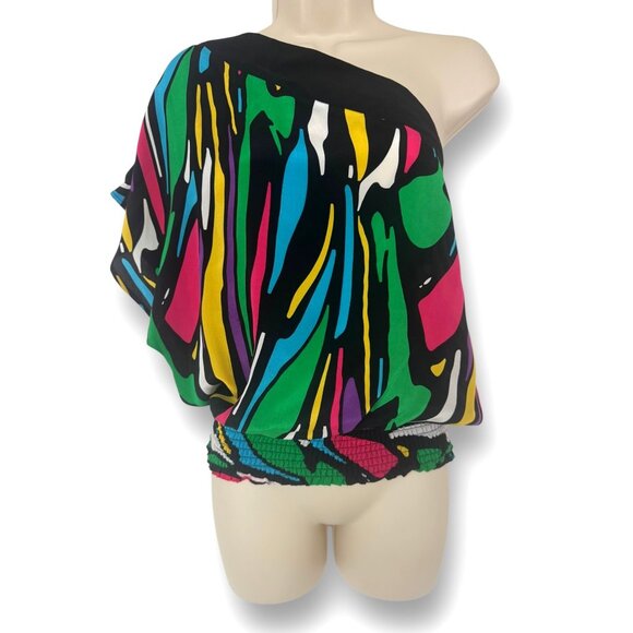 100% Silk‎ Multi-color One-Shoulder Blouson Top Blouse Shirt Size Small Dolman - Picture 1 of 7